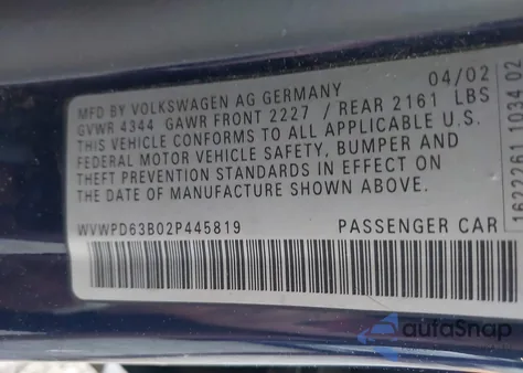 2002 Volkswagen Passat Gls z USA, uszkodzony, nr VIN WVWPD63B02P445819